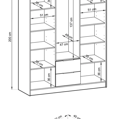 Trojdverová skriňa so zrkadlom MARFA - šírka 155 cm, šedá / dub artisan