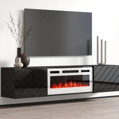 Závesný TV stolík s elektrickým krbom WANDER - čierny / lesklý čierny / biely