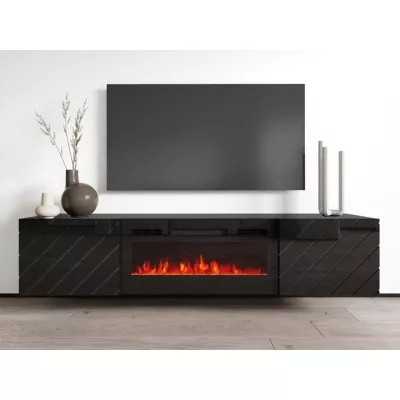 Závesný TV stolík s elektrickým krbom WANDER - čierny / lesklý čierny