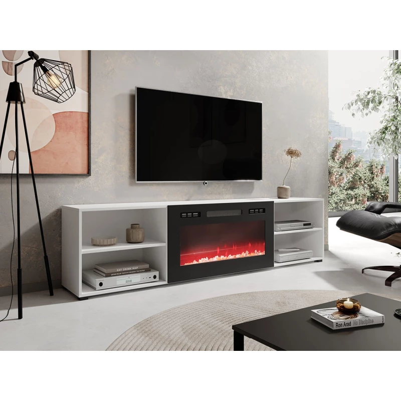 TV stolík s elektrickým krbom MALEN 2 - biely / lesklý čierny