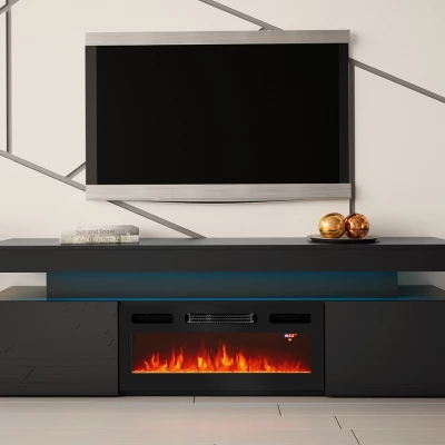 TV stolík s elektrickým krbom USOA - lesklý čierny + LED osvetlenie ZDARMA