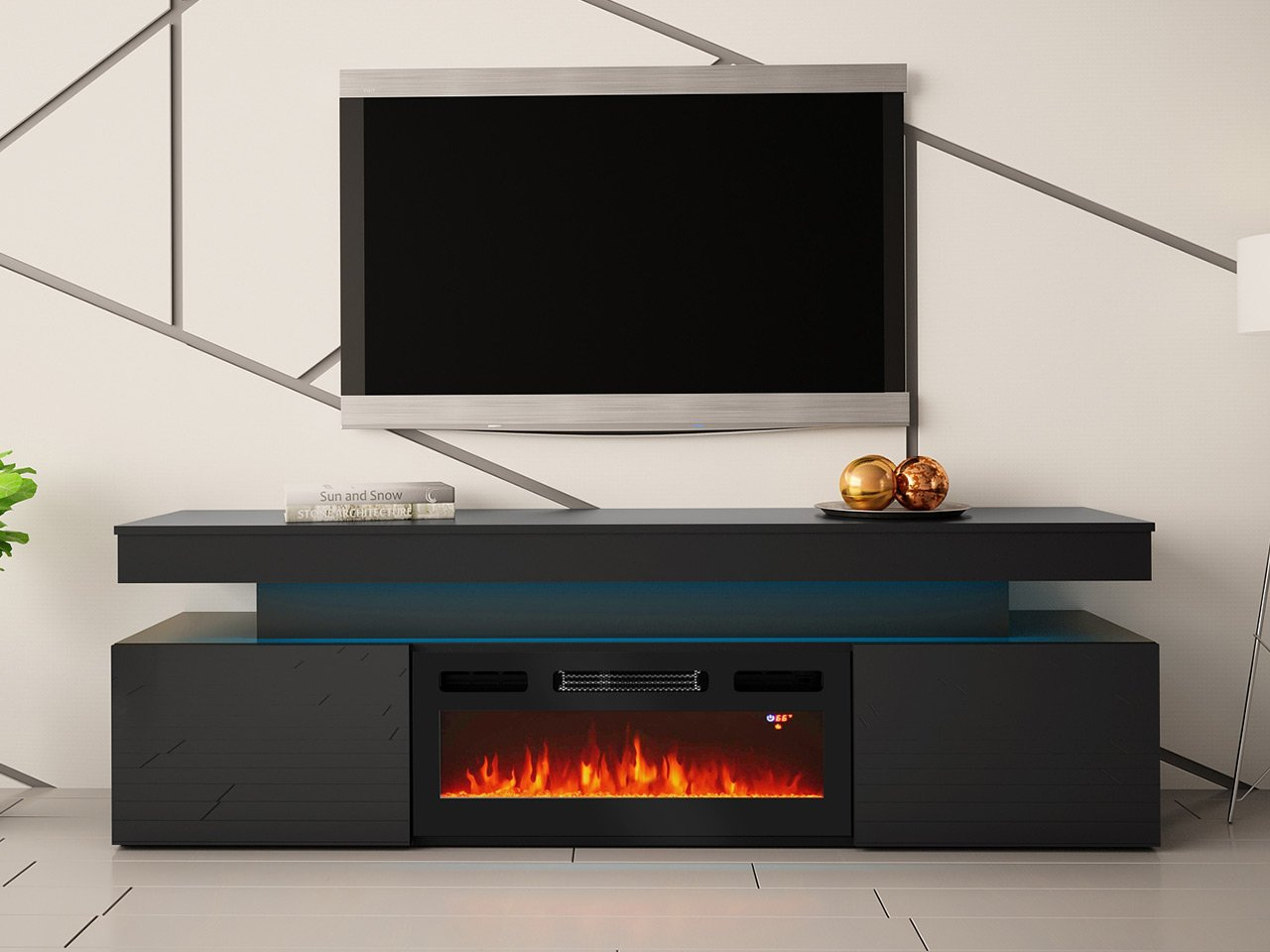 Fotografia produktu: TV stolík s elektrickým krbom USOA - lesklý čierny + LED osvetlenie ZDARMA
