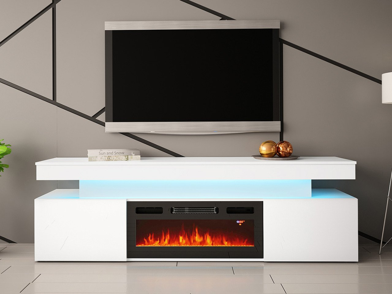 Fotografia produktu: TV stolík s elektrickým krbom USOA - lesklý biely + LED osvetlenie ZDARMA