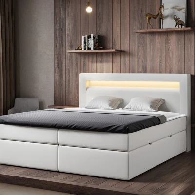Kontinentálna manželská posteľ s LED osvetlením 160x200 CHUCKA - biela ekokoža + topper ZDARMA