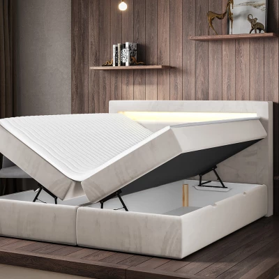 Kontinentálna manželská posteľ s LED osvetlením 180x200 CHUCKA - biela ekokoža + topper ZDARMA