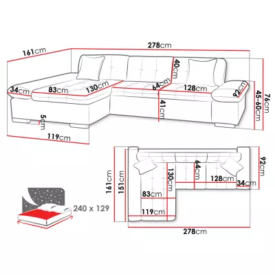 Rohová sedačka s úložným priestorom MARLA - čierna / červená, ľavý roh