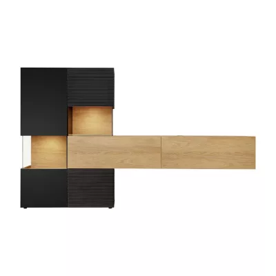 Stena do obývačky AYLEEN s LED osvetlením - hickory prírodný / čierny mat