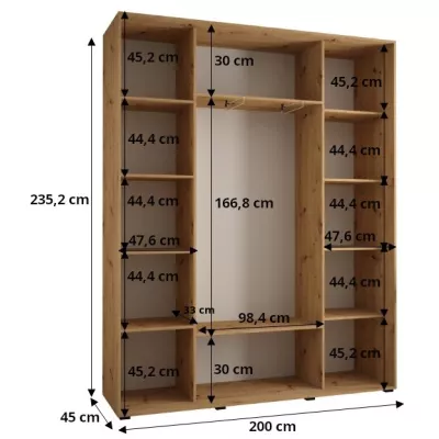 Šatníková skriňa ASIRI 7 - 200/45 cm, dub artisan / biela / strieborná