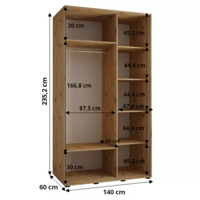 Šatníková skriňa ASIRI 13 - 140/60 cm, dub artisan / čierna / strieborná