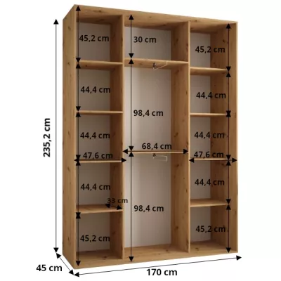 Šatníková skriňa ASIRI 7 - 170/45 cm, dub artisan / biela / čierna