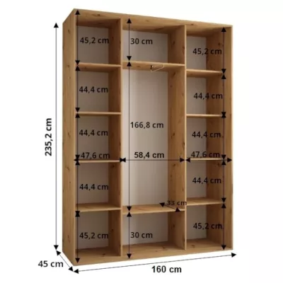 Šatníková skriňa ASIRI 7 - 160/45 cm, dub artisan / čierna / strieborná