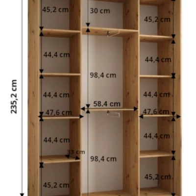 Šatníková skriňa ASIRI 7 - 160/45 cm, dub artisan / čierna / strieborná