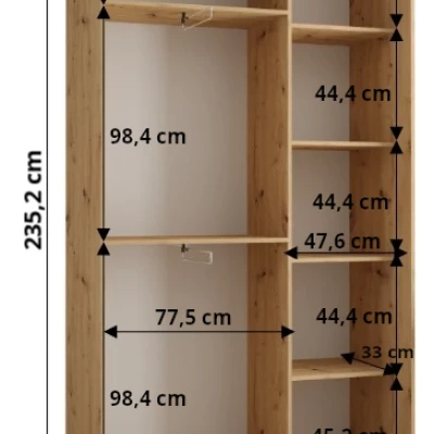 Šatníková skriňa ASIRI 9 - 130/45 cm, biela / dub artisan / strieborná