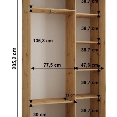 Šatníková skriňa YVONA 1 - 130/45 cm, dub artisan / strieborná