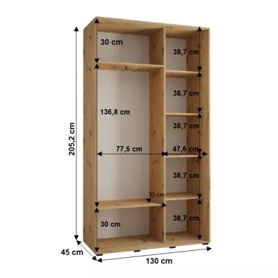 Šatníková skriňa YVONA 1 - 130/45 cm, dub artisan / čierna / strieborná