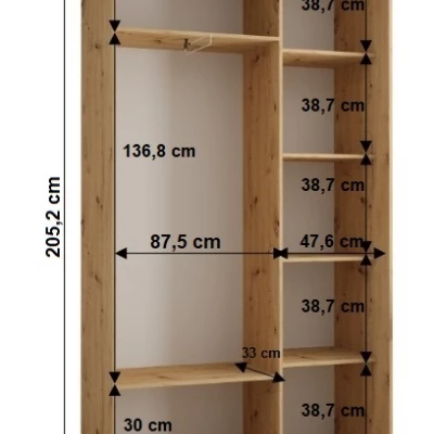 Šatníková skriňa YVONA 1 - 140/45 cm, dub artisan / čierna / strieborná