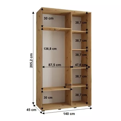 Šatníková skriňa YVONA 1 - 140/45 cm, dub artisan / čierna / strieborná