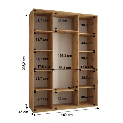 Šatníková skriňa YVONA 1 - 160/45 cm, dub artisan / čierna / strieborná