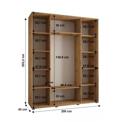 Šatníková skriňa YVONA 1 - 200/45 cm, dub artisan / strieborná