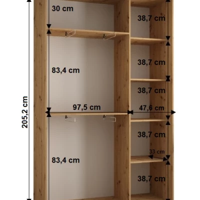 Šatníková skriňa YVONA 13 - 150/45 cm, dub artisan / strieborná