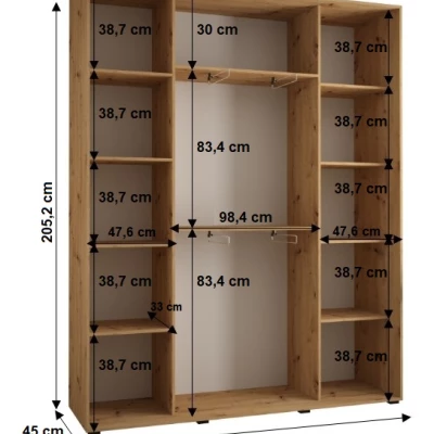 Šatníková skriňa YVONA 3 - 200/45 cm, biela / dub artisan / strieborná