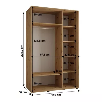 Šatníková skriňa YVONA 1 - 150/60 cm, dub artisan / čierna / strieborná