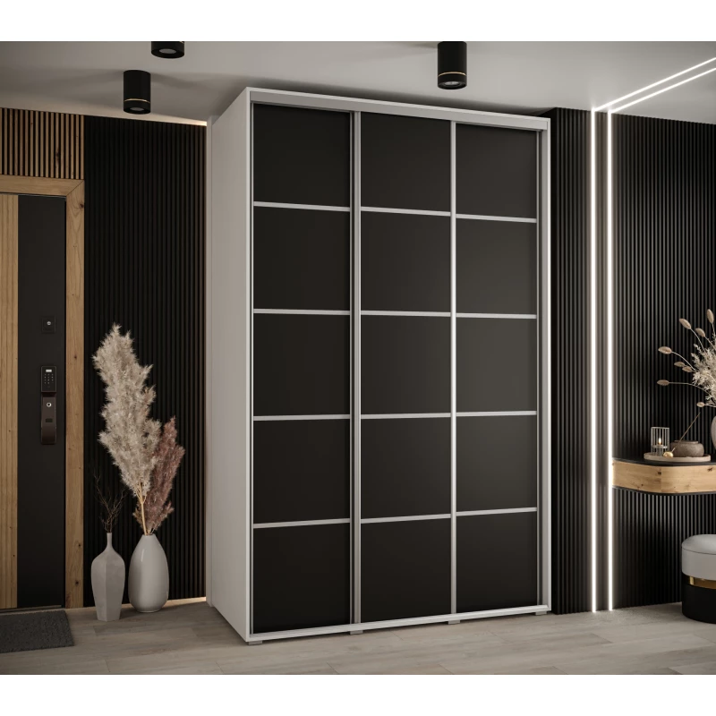 Šatníková skriňa YVONA 4 - 150/60 cm, biela / čierna / strieborná