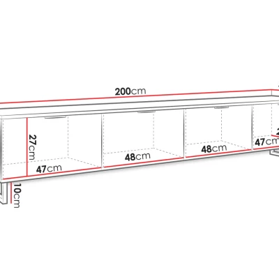 Široký TV stolík na nôžkach OVERTON - 200 cm, čierny grafit