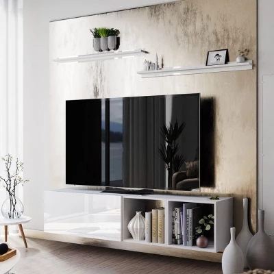 Závesný TV stolík SALADO - biely / lesklý biely + 2x polica ZDARMA