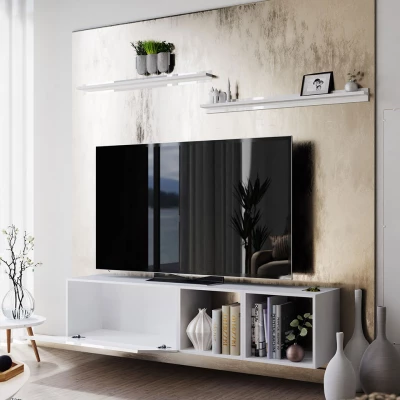 Závesný TV stolík SALADO - biely / lesklý biely + 2x polica ZDARMA