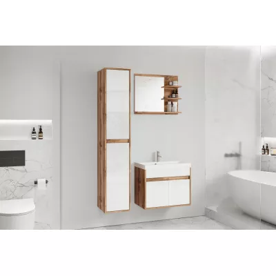 Stena do kúpeľne so zrkadlom BRAZORIA - dub wotan / lesklá biela + umývadlo ZDARMA