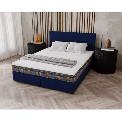 Čalúnená posteľ 140x200 OTILIE 2 s úložným priestorom - tmavo modrá + vzor