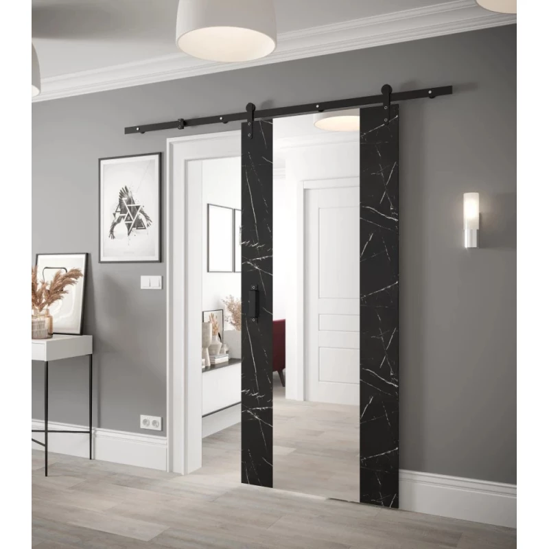 Posuvné dvere s kovaním a zrkadlom LEONTINA 2 - 90 cm, čierny mramor