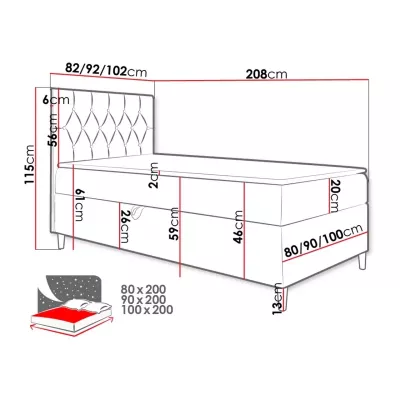 Boxspringová jednolôžková posteľ 80x200 PORFIRO 1 - biela ekokoža / čierna, ľavé prevedenie + topper ZDARMA