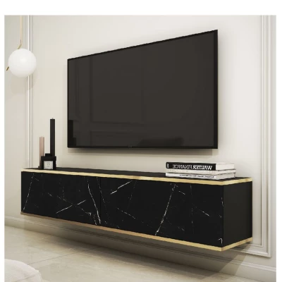 Televízny stolík REFUGIO - 135 cm, čierny mramor / čierny