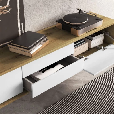 Závesný TV stolík so šuplíkmi IRVING 2 - dub artisan / biely