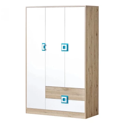 Šatníková skriňa 102 cm ALBA - dub svetlý / biela / tyrkysová