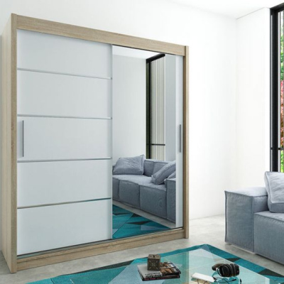 Šatníková zrkadlová skriňa ADELA - 180 cm, dub sonoma / biela