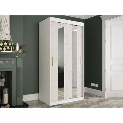Úzka šatníková skriňa 100 cm so zrkadlom a šuplíkmi CARSON 1 - biely mramor / biela / zlatá