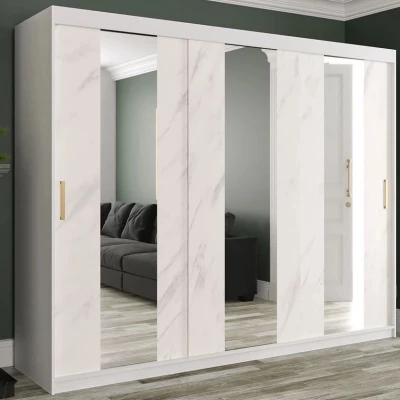 Zrkadlová šatníková skriňa 250 cm so zrkadlom a šuplíkmi CARSON 1 - biely mramor / biela / zlatá Zrkadlová šatníková skriňa 250 cm so zrkadlom a šuplíkmi CARSON 1 - biely mramor / biela / zlatá