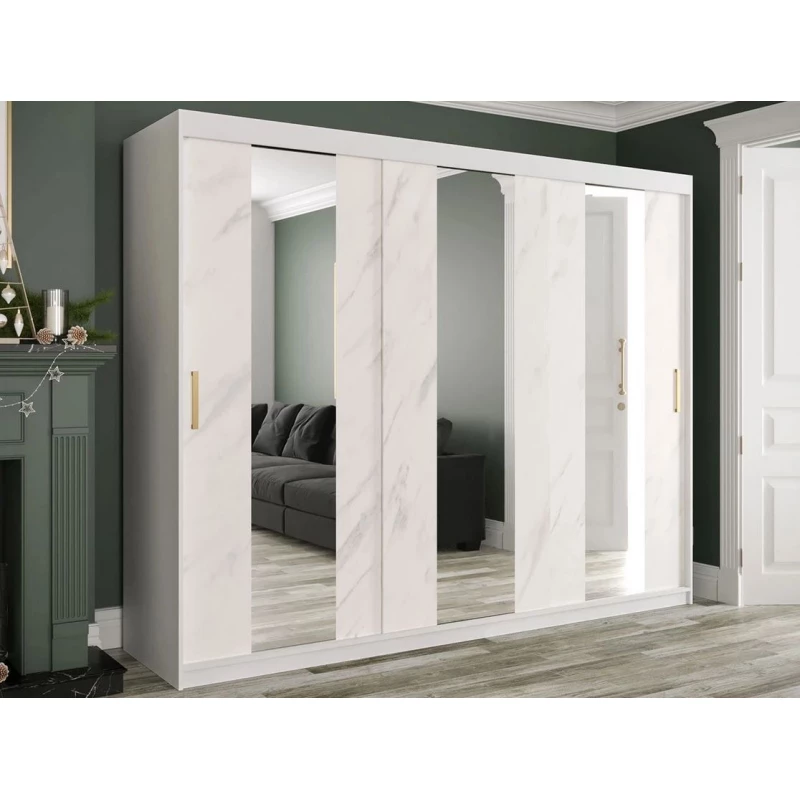 Zrkadlová šatníková skriňa 250 cm so zrkadlom a šuplíkmi CARSON 1 - biely mramor / biela / zlatá Zrkadlová šatníková skriňa 250 cm so zrkadlom a šuplíkmi CARSON 1 - biely mramor / biela / zlatá