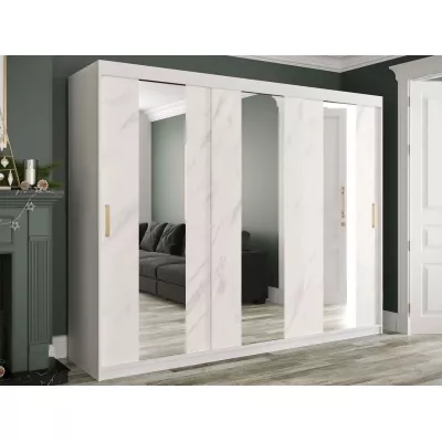 Zrkadlová šatníková skriňa 250 cm so zrkadlom a šuplíkmi CARSON 1 - biely mramor / biela / zlatá