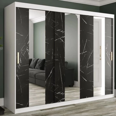 Zrkadlová šatníková skriňa 250 cm so zrkadlom a šuplíkmi CARSON 1 - čierny mramor / biela / zlatá Zrkadlová šatníková skriňa 250 cm so zrkadlom a šuplíkmi CARSON 1 - čierny mramor / biela / zlatá