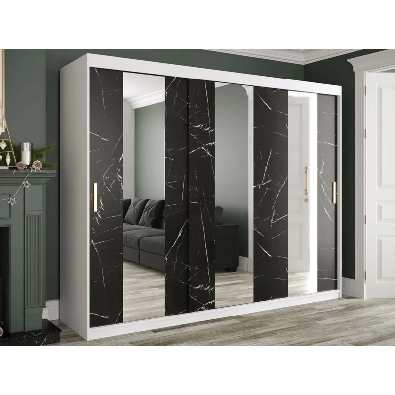 Zrkadlová šatníková skriňa 250 cm so zrkadlom a šuplíkmi CARSON 1 - čierny mramor / biela / zlatá Zrkadlová šatníková skriňa 250 cm so zrkadlom a šuplíkmi CARSON 1 - čierny mramor / biela / zlatá
