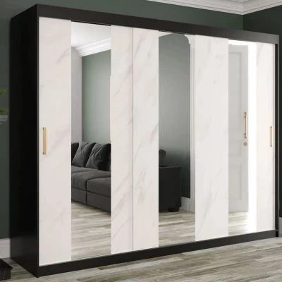 Zrkadlová šatníková skriňa 250 cm so zrkadlom a šuplíkmi CARSON 1 - biely mramor / čierna / zlatá Zrkadlová šatníková skriňa 250 cm so zrkadlom a šuplíkmi CARSON 1 - biely mramor / čierna / zlatá