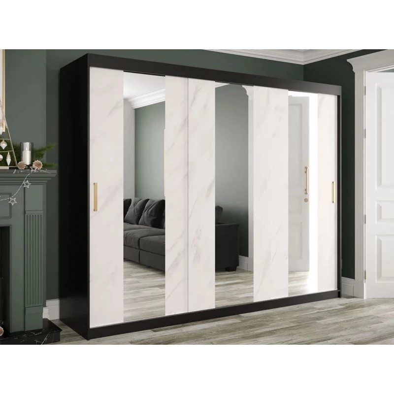 Zrkadlová šatníková skriňa 250 cm so zrkadlom a šuplíkmi CARSON 1 - biely mramor / čierna / zlatá Zrkadlová šatníková skriňa 250 cm so zrkadlom a šuplíkmi CARSON 1 - biely mramor / čierna / zlatá