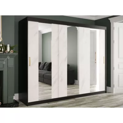 Zrkadlová šatníková skriňa 250 cm so zrkadlom a šuplíkmi CARSON 1 - biely mramor / čierna / zlatá