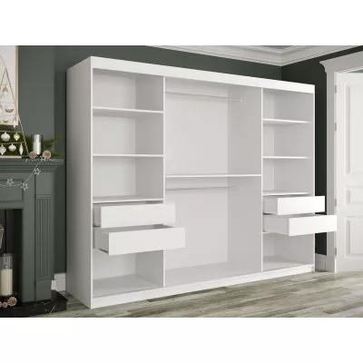 Zrkadlová šatníková skriňa 250 cm so zrkadlom a šuplíkmi CARSON 1 - biely mramor / čierna / zlatá