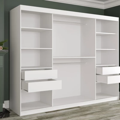 Zrkadlová šatníková skriňa 250 cm so zrkadlom a šuplíkmi CARSON 1 - biely mramor / biela / zlatá Zrkadlová šatníková skriňa 250 cm so zrkadlom a šuplíkmi CARSON 1 - biely mramor / biela / zlatá