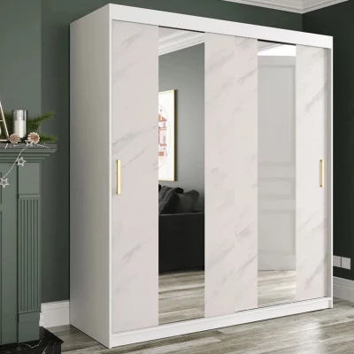 Zrkadlová šatníková skriňa 180 cm so zrkadlom a šuplíkmi CARSON 1 - biely mramor / biela / zlatá Zrkadlová šatníková skriňa 180 cm so zrkadlom a šuplíkmi CARSON 1 - biely mramor / biela / zlatá